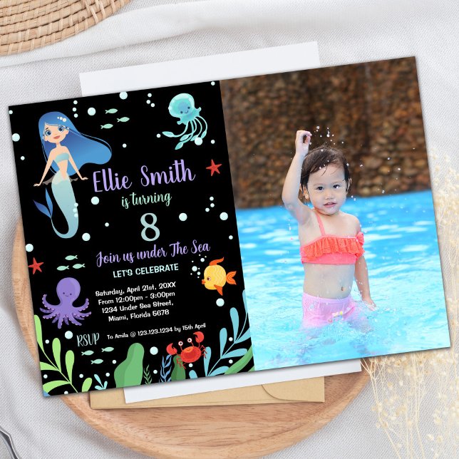 8.ª invitaciones al cumpleaños de la sirena con fo (8th Mermaid Birthday Invitations with photo)