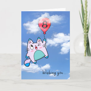8.ª Tarjeta De Gato Y Globo De Cumpleaños
