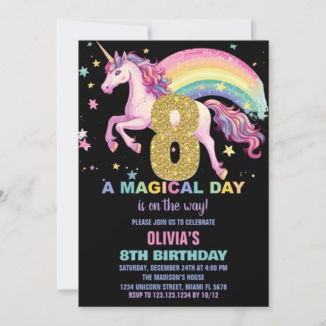 8.ª unicornio invitaciones de cumpleaños negro (Anverso)