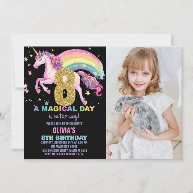 8.ª unicornio invitaciones de cumpleaños negro con (Anverso)