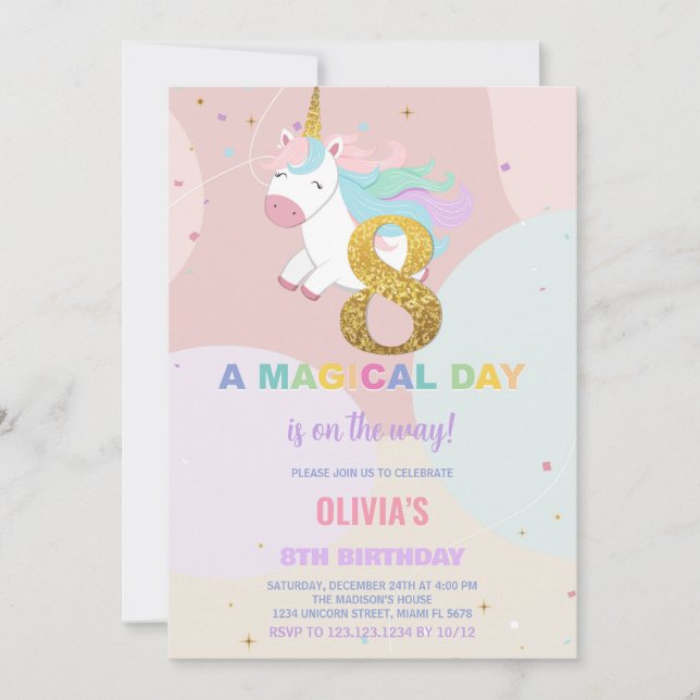 8.º cumpleaños de Unicornio invitaciones de cumple (Anverso)
