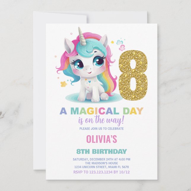 8.º cumpleaños de Unicornio invitaciones de cumple (Anverso)