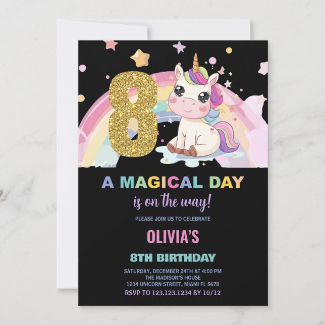 8.º cumpleaños de Unicornio invitaciones de cumple (Anverso)