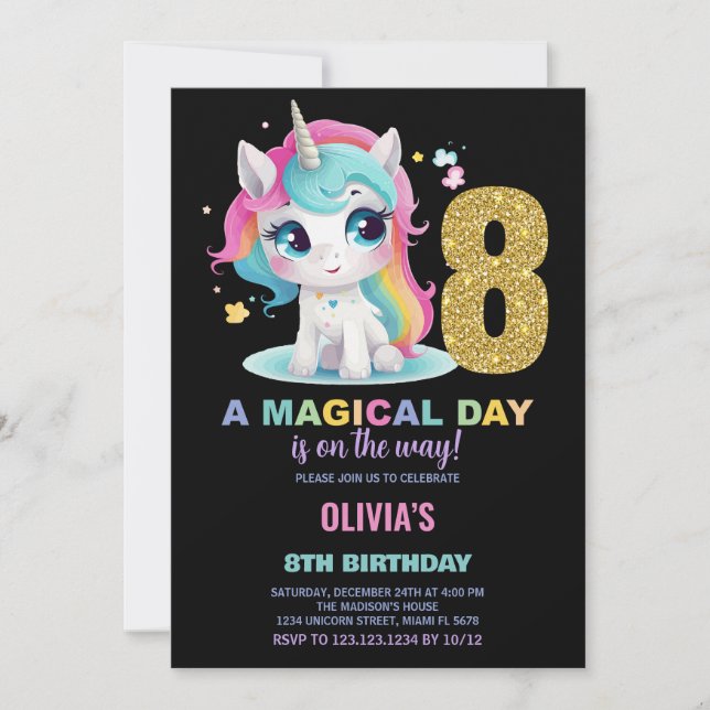 8.º cumpleaños de Unicornio invitaciones de cumple (Anverso)