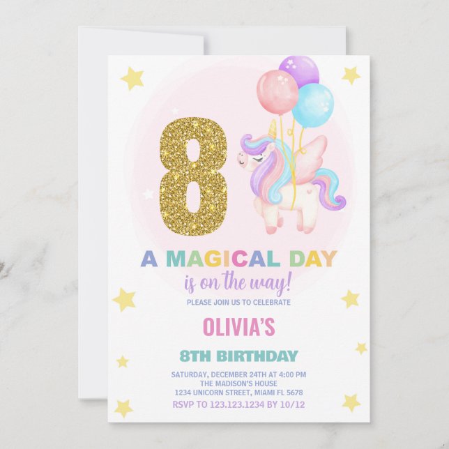 8.º cumpleaños de Unicornio invitaciones de cumple (Anverso)