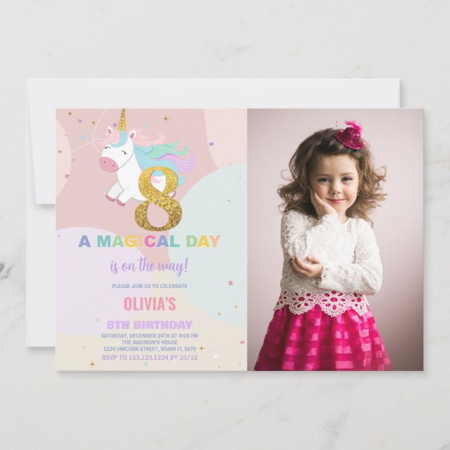 8.º cumpleaños de Unicornio invitaciones de cumple (Anverso)