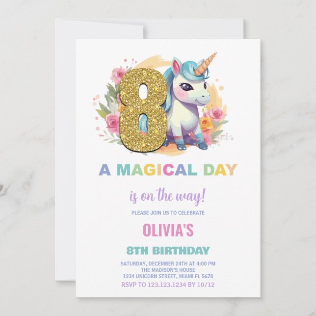 8.º cumpleaños de Unicornio invitaciones de cumple (Anverso)