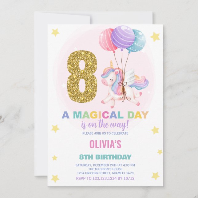 8.º cumpleaños de Unicornio invitaciones de cumple (Anverso)