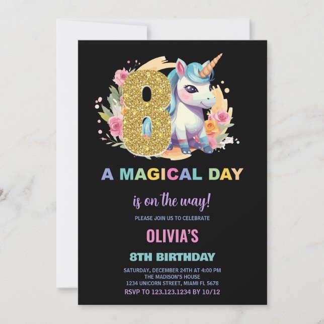 8.º cumpleaños de Unicornio invitaciones de cumple (Anverso)