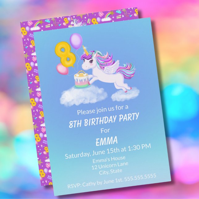 8.º Cumpleaños Unicornio Con Invitación A Pastel (Subido por el creador)