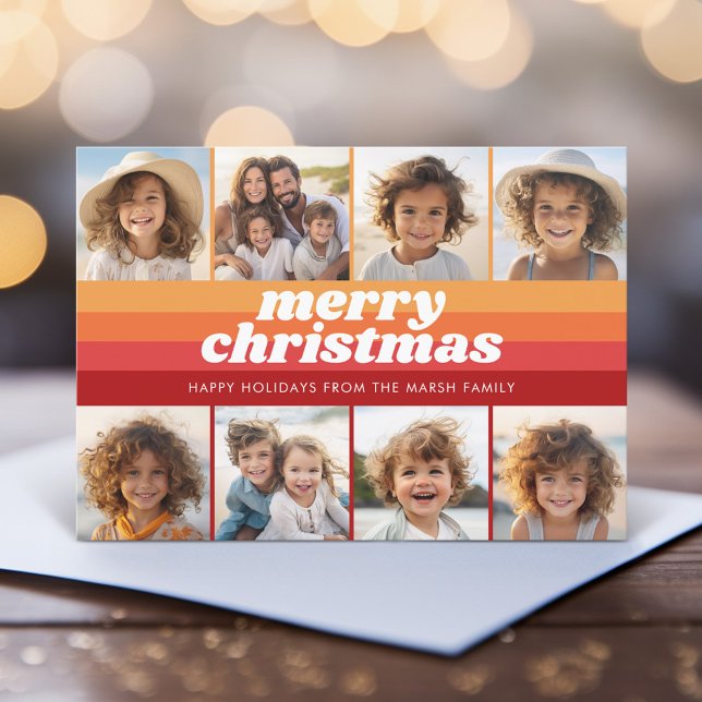 8 borde fotográfico - Feliz Navidad Retro Line Art (Retro Stripe Christmas Card with 8 Photos - Vibrant Sunset Colors - Print and Download Option)