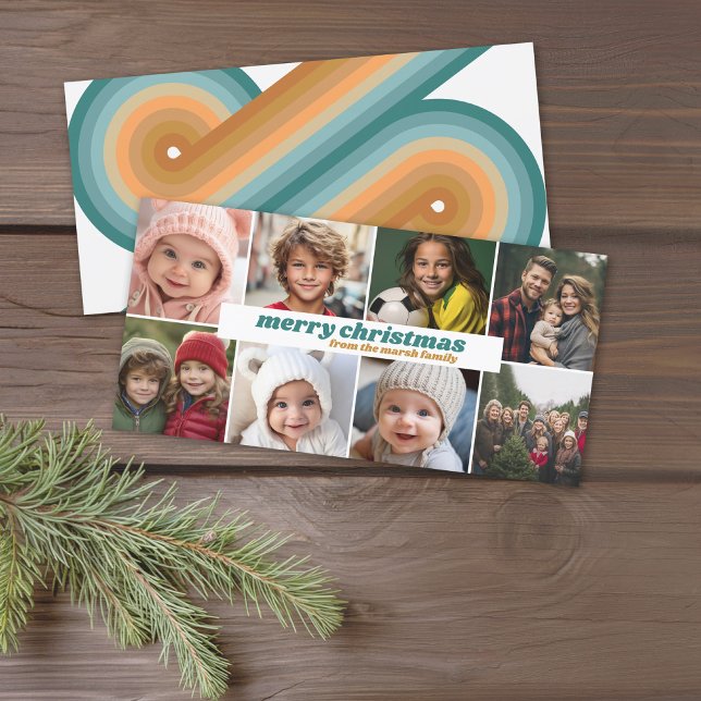 8 Collages de fotos - Feliz Navidad estribos retro (Trendy Retro Stripe Christmas Card with 8 Photo Collage.)