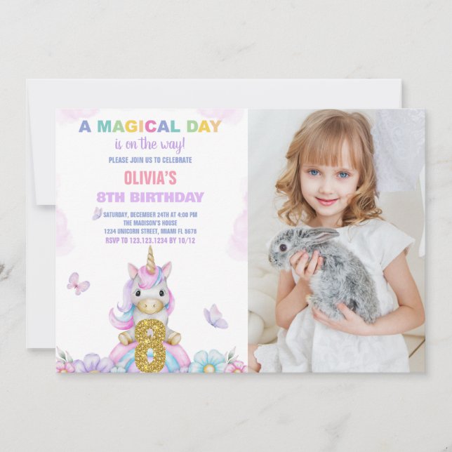 8 Invitaciones de cumpleaños de Floral Unicornio c (Anverso)