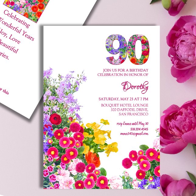 90ª fiesta de cumpleaños floral invitación moderna (Subido por el creador)