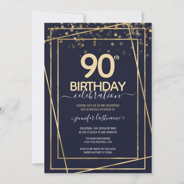 90.ª celebración de cumpleaños Invitación azul y o (Anverso)