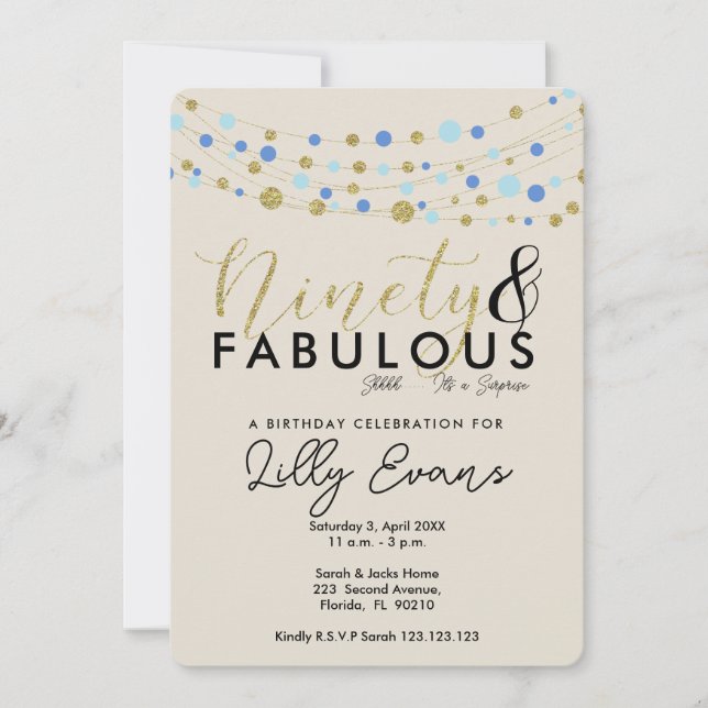 90.ª invitación a la fiesta de cumpleaños, azul y  (Anverso)
