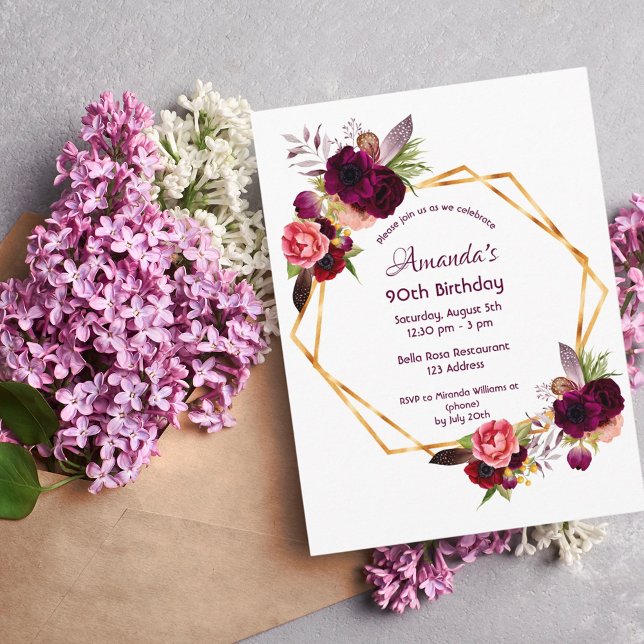 90.ª invitación burdeos de oro floral de cumpleaño (Subido por el creador)