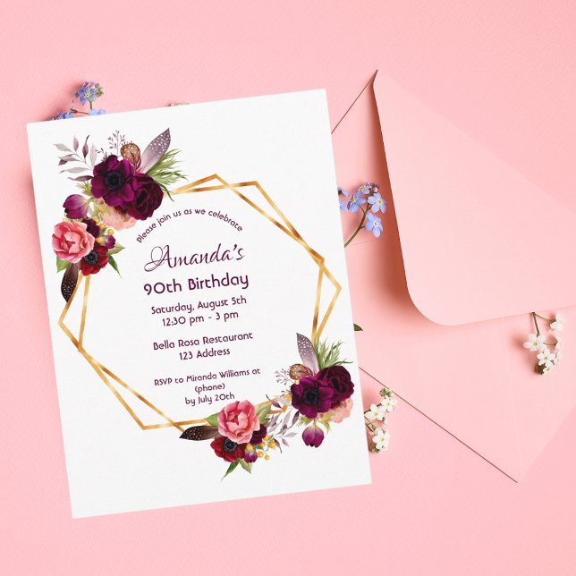 90.ª invitación burdeos de oro floral de cumpleaño (Subido por el creador)