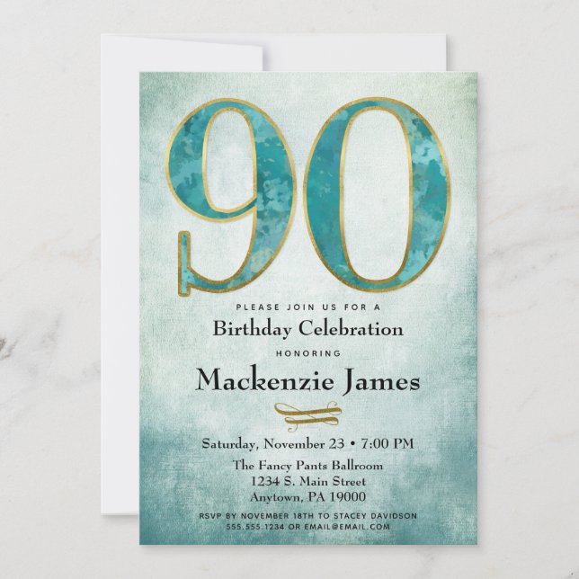 90.ª invitación de cumpleaños Adulto de oro azul t (Anverso)