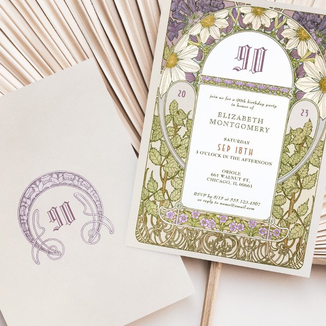 90.ª invitación de cumpleaños Art Nouveau Daisies (Subido por el creador)