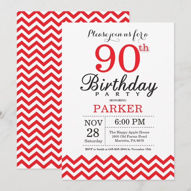 90.ª invitación de cumpleaños Chevron Rojo (Anverso / Reverso)