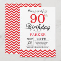 90.ª invitación de cumpleaños Chevron Rojo