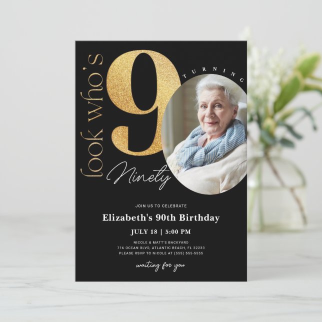 90.ª invitación de cumpleaños de oro negro con fot (Anverso de pie)