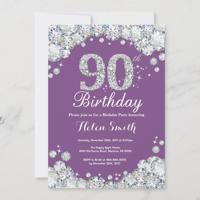 90.ª invitación de cumpleaños Diamante morado y pl (Anverso)