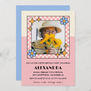 90.ª invitación de cumpleaños Flores Rosa Retro Gr