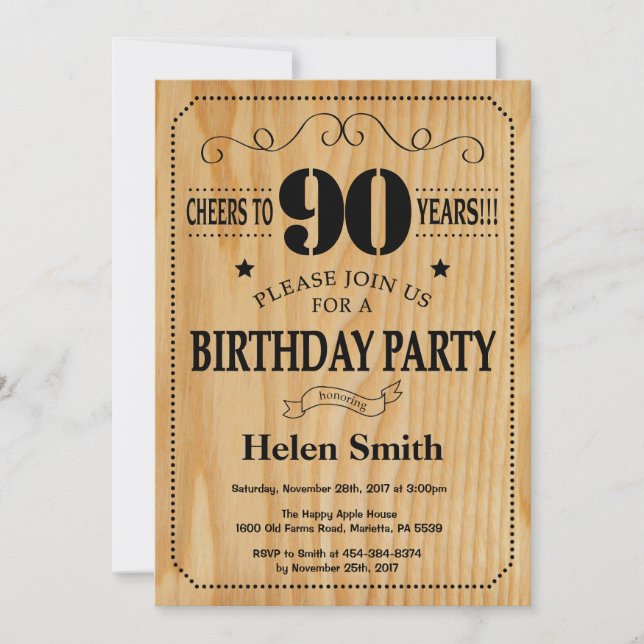 90.ª Invitación de cumpleaños Madera Rústica (Anverso)