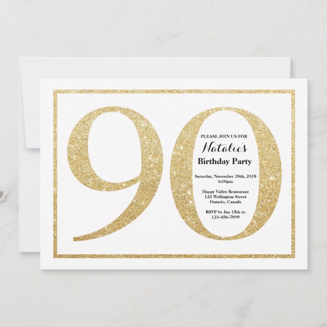 90.ª invitación de cumpleaños Purpurina de oro (Anverso)