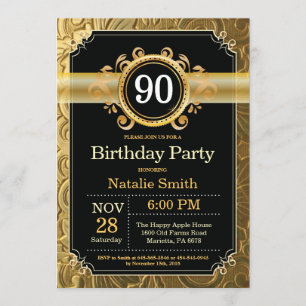 90.ª invitación de cumpleaños Purpurina negro y or