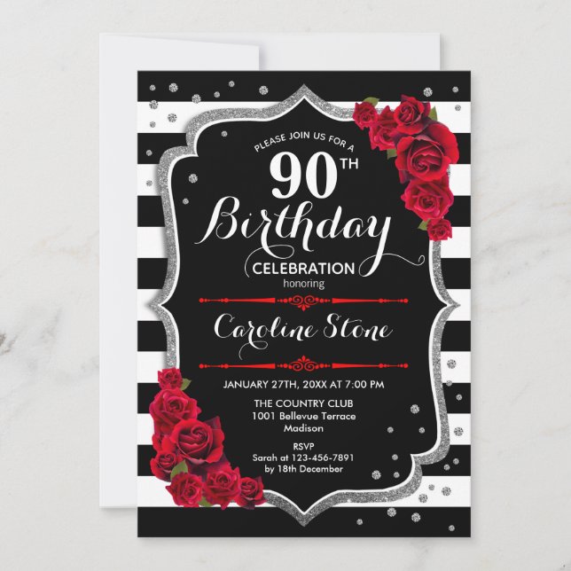 90.ª invitación de cumpleaños Rosas de franjas bla (Anverso)