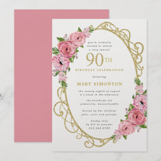 90.ª Invitación de oro a la floral rosa de cumplea