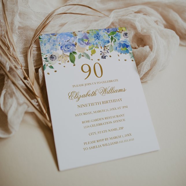 90.º cumpleaños Elegante Blue Gold Invitación flor (Subido por el creador)