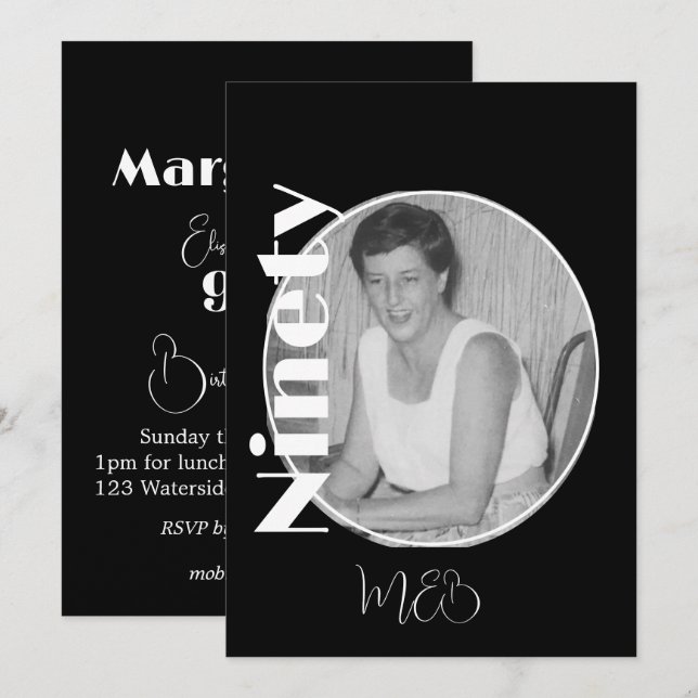 90.º cumpleaños Elegante invitación fotográfica (Anverso / Reverso)