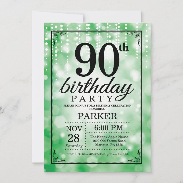 90.º Purpurina Verde de la invitación al cumpleaño (Anverso)