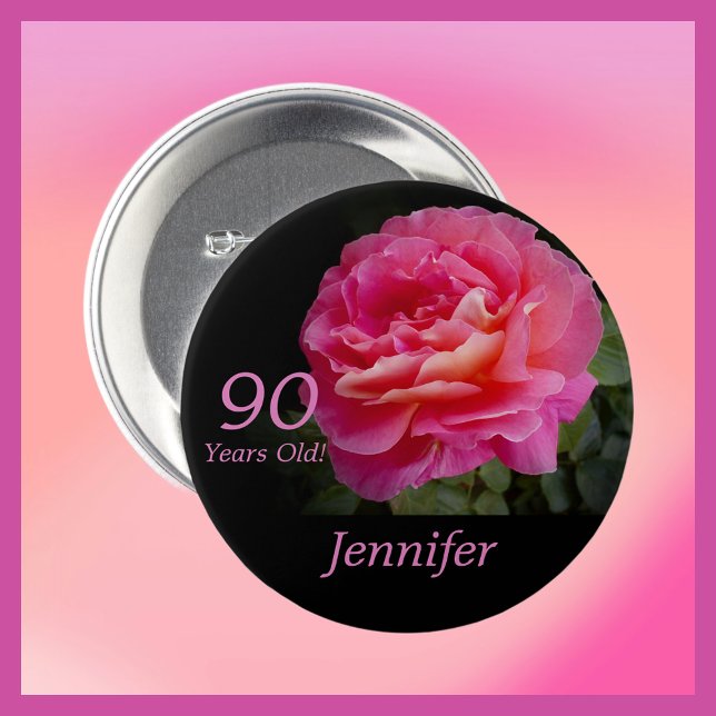 90 Años De Edad, Nombre, Pin Del Botón Rosa Floral (Subido por el creador)