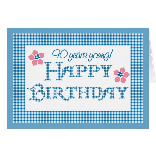 90 cumpleaños, Blue Check Gingham Pattern (Anverso (Horizontal))