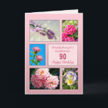 90 cumpleaños, hermosa tarjeta de flores<br><div class="desc">Tarjeta de cumpleaños 90. Envíe flores hermosas a una persona hermosa. Una tarjeta de cumpleaños con un hermoso sentimiento. Colección de fotografías enmarcadas de flores en un fondo rosado.</div>