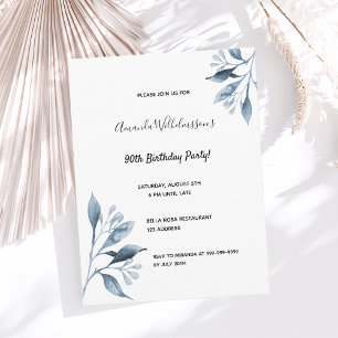 90 cumpleaños invitación botánica azul blanco