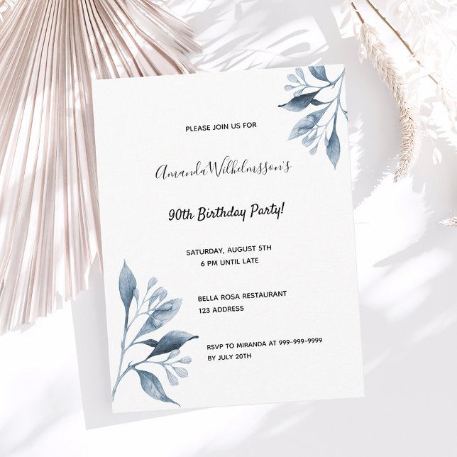 90 cumpleaños invitación botánica azul blanco (Subido por el creador)