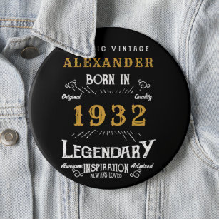 90 cumpleaños Nacido en 1932 botón negro vintage