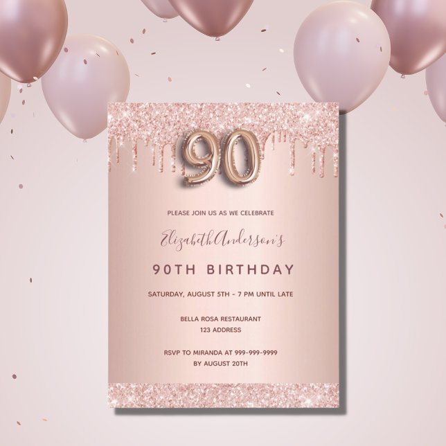 90 cumpleaños rosa purpurina de oro invitación ros (Subido por el creador)