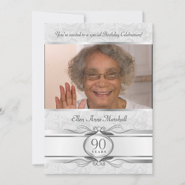 90.o cumpleaños - invitación de plata de la foto (Anverso)