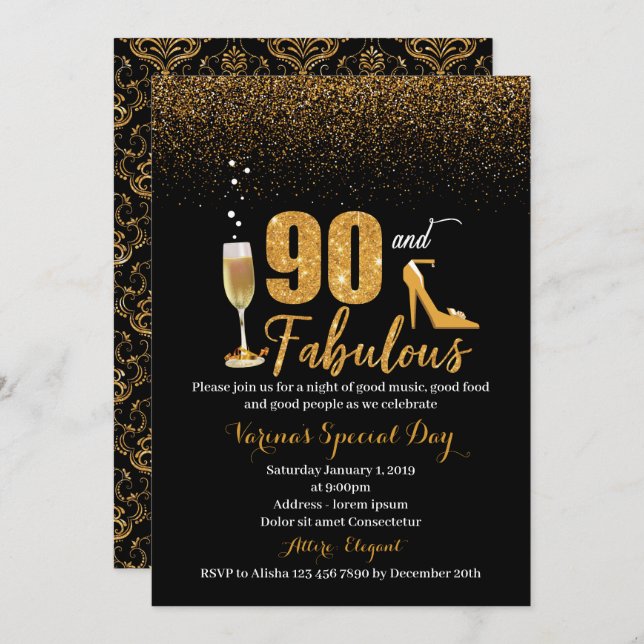 90 y fabulosa invitación al cumpleaños para mujere (Anverso / Reverso)