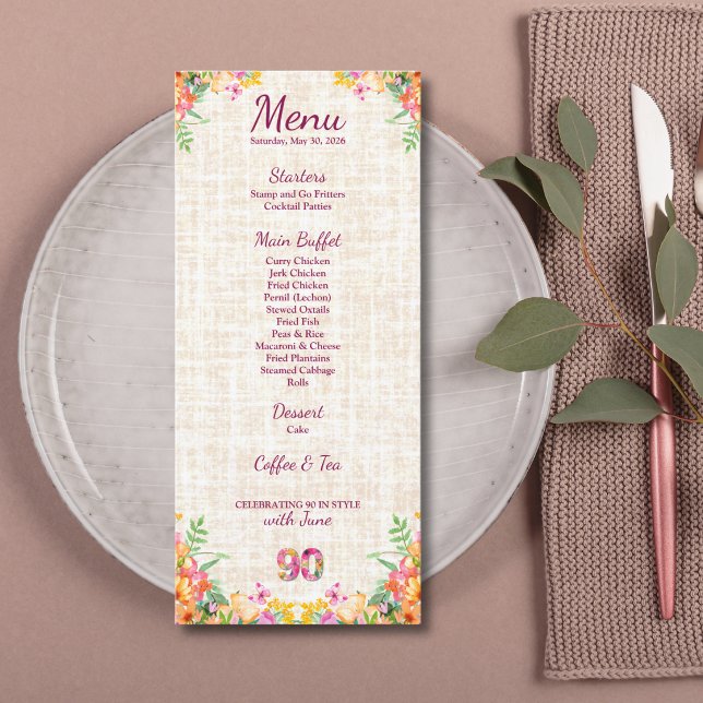90 Years Flowers Floral 90th Birthday Linen Menu (Subido por el creador)