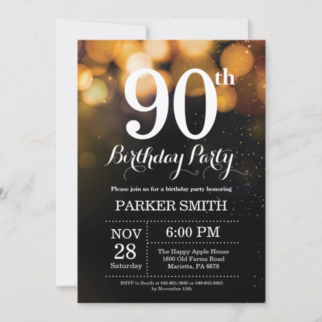 90a Invitación de cumpleaños Glitter de oro (Anverso)