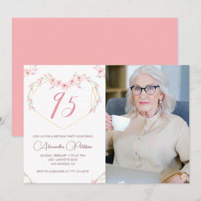 95 años invitaciones a Boho Floral Photo (Anverso / Reverso)