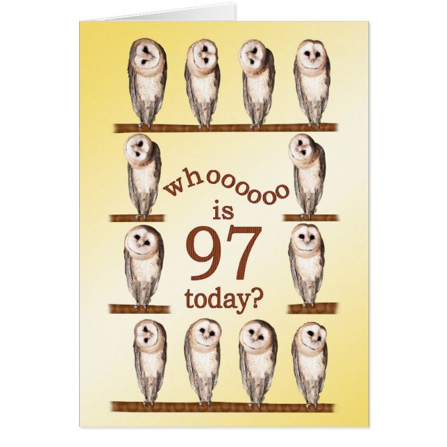 97 cumpleaños, tarjeta Curious owls. (Frente)